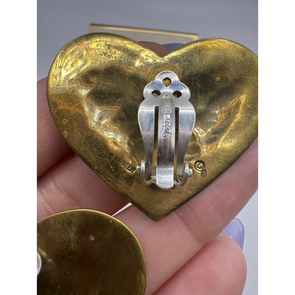 Vintage Sterling Silver & Brass Jeep Collins Retired Large Heart Clip Earrings - Picture 5 of 6